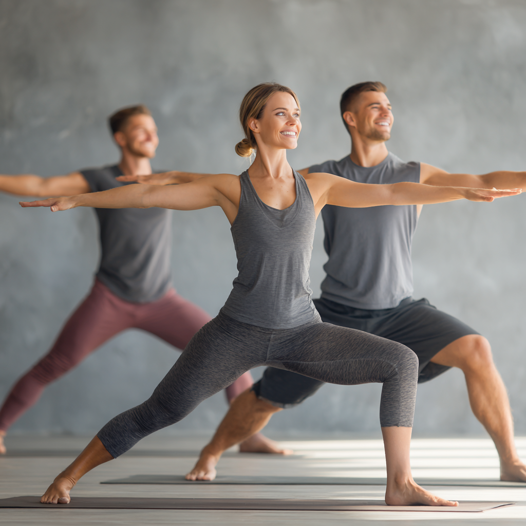 Ukrainian adults practicing concentration exercises in peaceful yoga studio